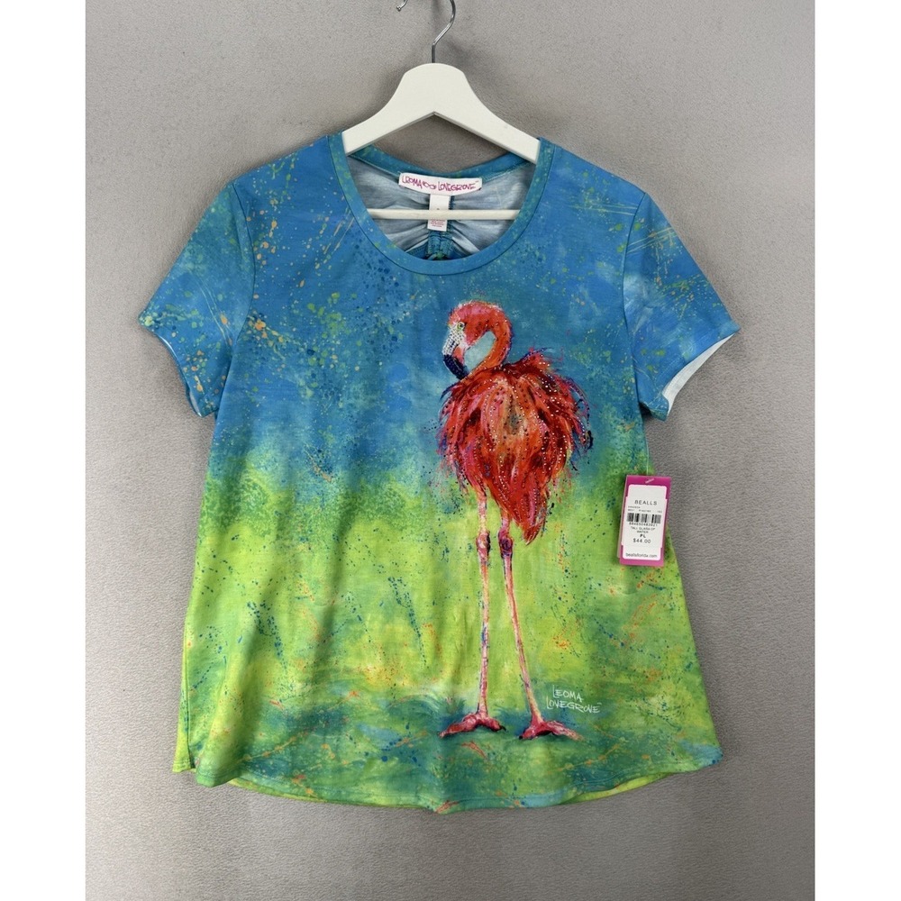 Leoma Lovegrove Flamingo Art Top Petite Large Open Back Tropical NWT Tee